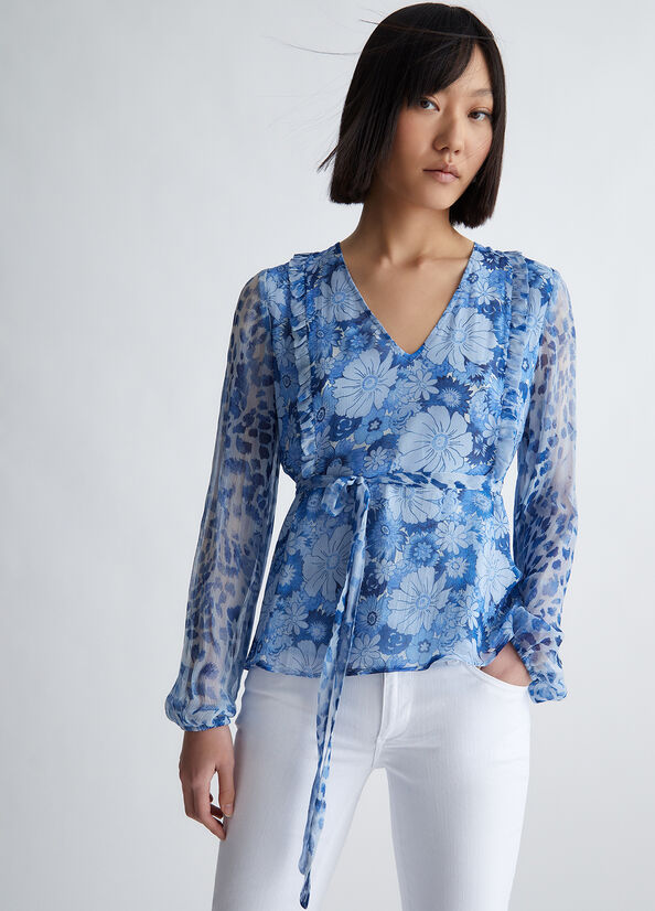 Dark Blue Women's Liu Jo Floral Crepon Blouse Shirts | QFA-514609