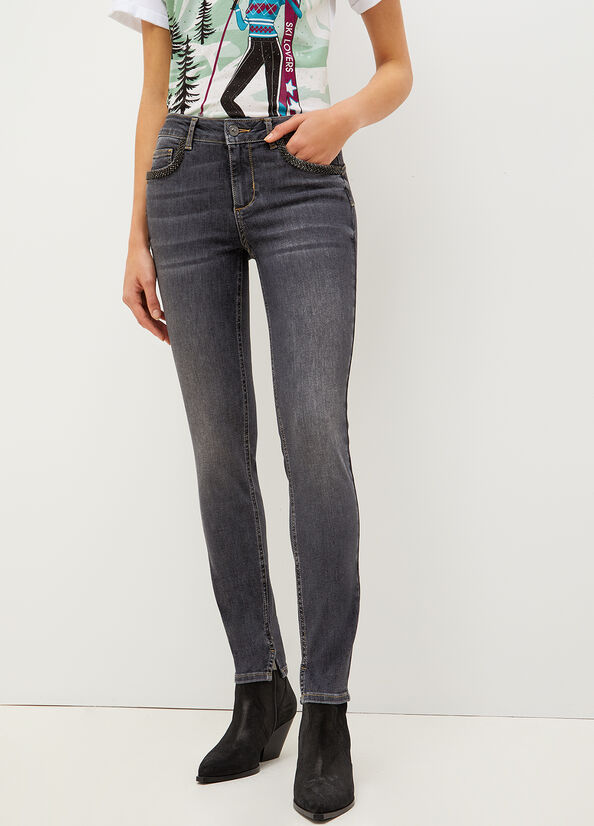 Dark Grey Women's Liu Jo Bottom Up With Gemstones Skinny Jeans | HBN-370129