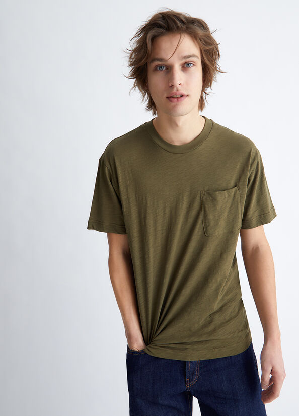 Green Men's Liu Jo Slub Cotton T Shirts | OZE-794025