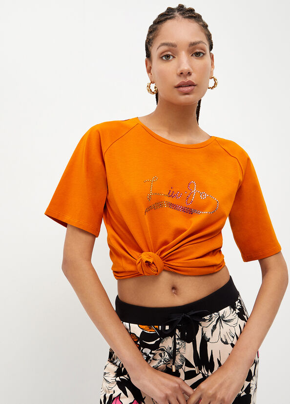 Orange Women's Liu Jo Eco-Friendly With Gemstones T Shirts | PQT-198450