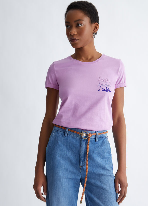 Pink Women's Liu Jo Cotton With Logo Tops | WNX-439685