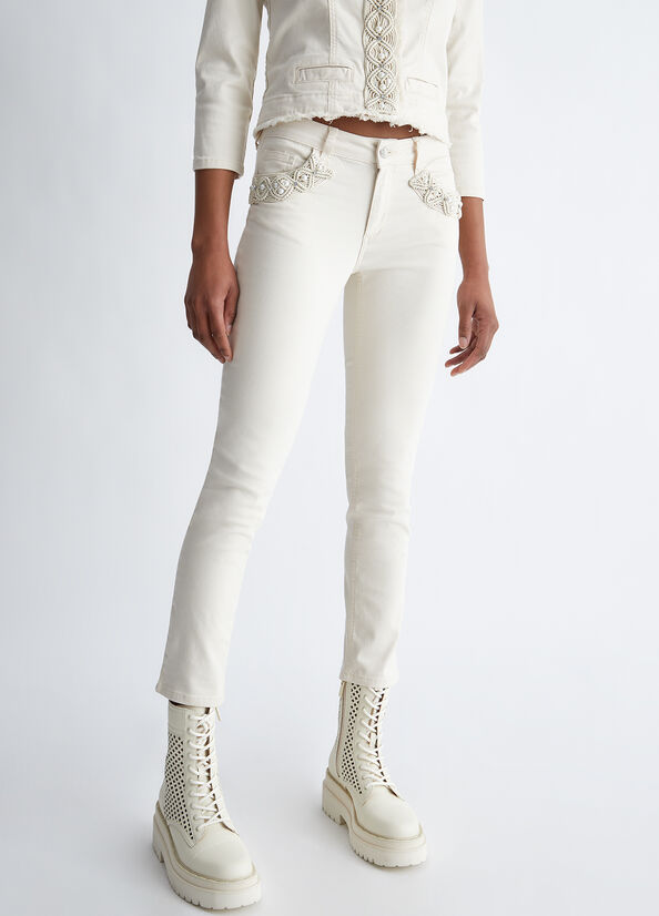 White Women's Liu Jo Bottom Up With Pearls Pants | IMQ-267508