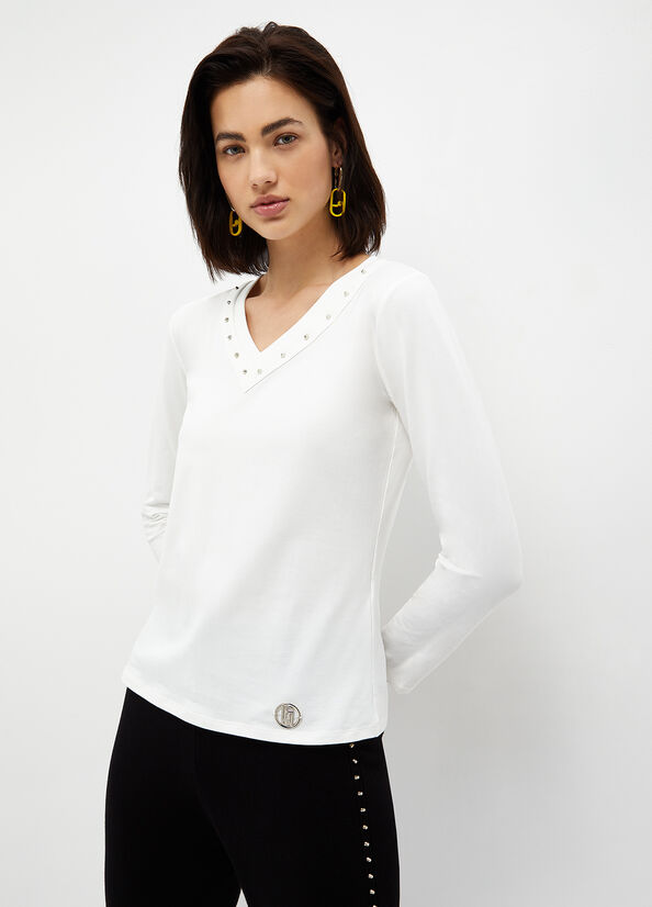 White Women's Liu Jo Eco-Friendly With Studs T Shirts | QGR-416537